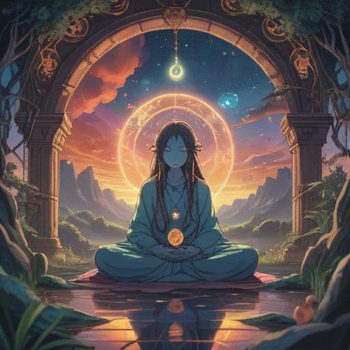 A whimsical and ethereal illustration, showcasing unique spiritual symbols, vibrant colors, mystical aura, dreamlike landscape, a figure meditating under a starry sky, surrounded by flowing energy patterns, representing individuality and spiritual connection, serene atmosphere, intricate details, 4k