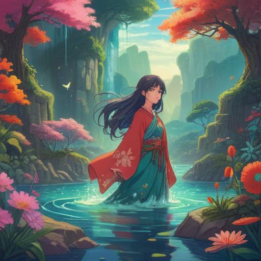 A spiritual illustration depicting the positive signs brought by change, vibrant colors, ethereal elements, serene nature scene, flowing water and blooming flowers, gentle light illuminating the process of transformation, symbolic imagery of growth and renewal, harmonious atmosphere, inspiring visuals, 4k
