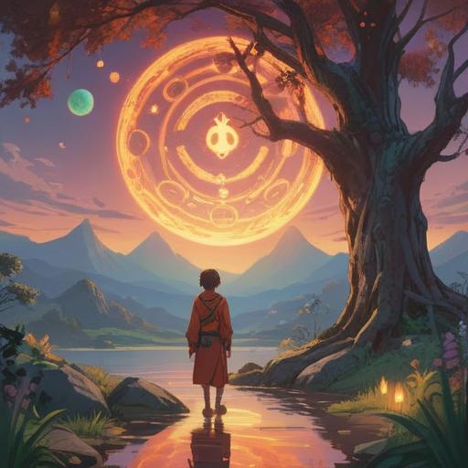 A serene landscape depicting someone in contemplation, surrounded by ethereal light, soft glowing orbs representing spiritual signs, a gentle breeze rustling the leaves, a tranquil river reflecting the sky, an intriguing sense of introspection, symbols of transformation subtly integrated into the scene, harmonious colors, peaceful atmosphere, 4k