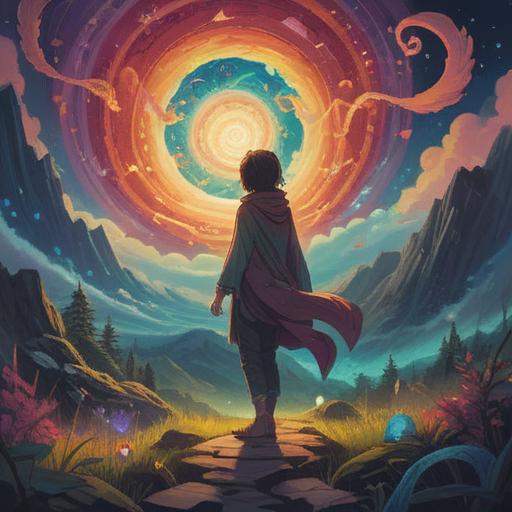 A mystical illustration representing the concept of spiritual transformation, ethereal beings emerging from vibrant spirals of energy, serene landscapes blending with abstract elements, symbols of enlightenment intertwined with nature, a sense of tranquility and wonder, luminous colors, harmonious balance, 4k