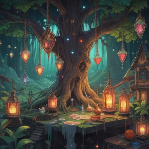 A colorful and whimsical illustration of unusual spiritual lucky items, featuring crystals glowing with vibrant colors, intricate charms hanging from a mystical tree, an ethereal aura surrounding the items, a serene background with soft clouds and gentle light, enchanting atmosphere, harmonious design, 4k