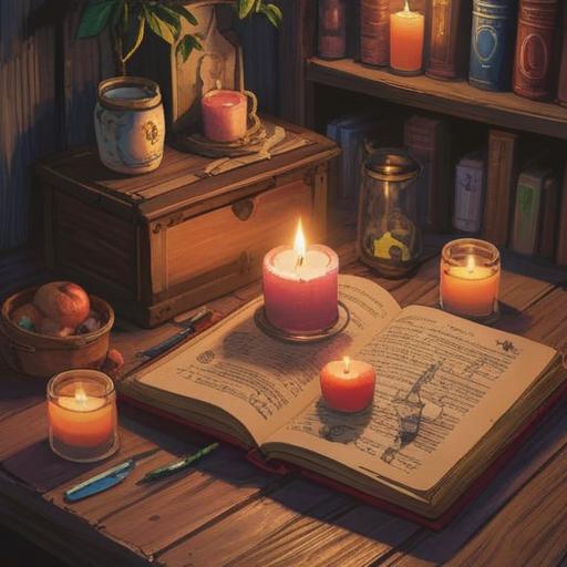 A cozy and inviting scene featuring everyday items that support spirituality, a softly glowing candle on a wooden table, a beautifully designed journal with intricate patterns, crystals reflecting subtle light, a cup of herbal tea steaming gently, natural sunlight filtering through a window, plants in the background adding a touch of greenery, peaceful and calming atmosphere, 4k