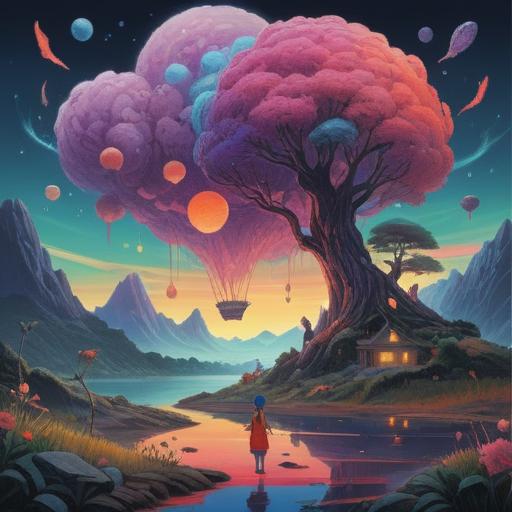 A surreal landscape depicting a person surrounded by bizarre dream elements, colorful dreamlike imagery, floating objects, whimsical creatures, ethereal atmosphere, representing the spiritual significance of strange dreams, abstract symbolism, 4k