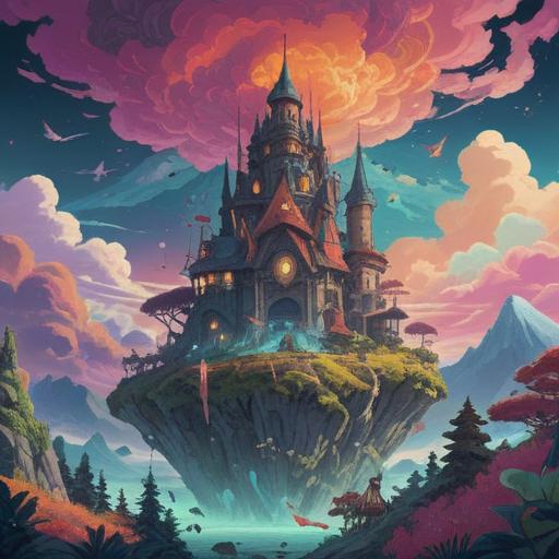 A surreal illustration of a dreamscape, vivid colors, fantastical creatures, ethereal landscapes, symbolic elements representing spirituality, whimsical clouds, a glowing pathway leading to enlightenment, dreamlike atmosphere, calming aura, 4k