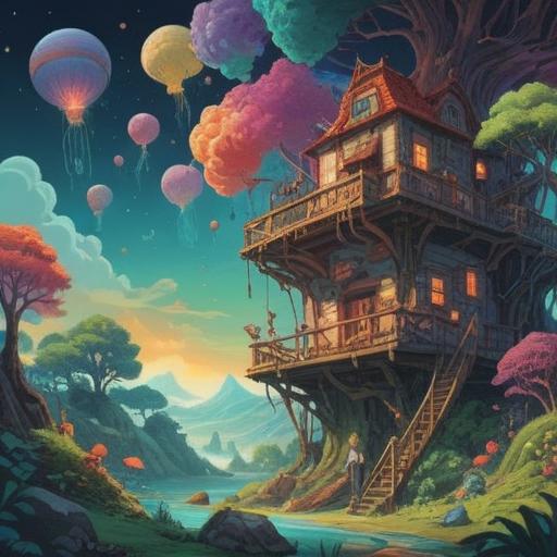 A surreal illustration of a person in a whimsical dream world, floating objects symbolizing luck, bright and colorful atmosphere, dreamy landscapes with unusual creatures, a mix of fantasy and reality, various lucky charms scattered throughout, feeling of wonder and curiosity, 4k