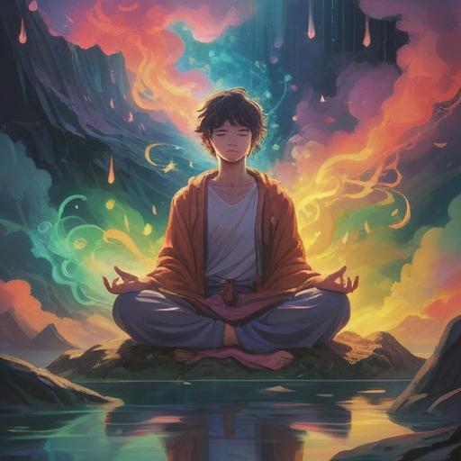 A mystical scene depicting a person in meditation surrounded by swirling, colorful mist, ethereal light illuminating the figure, symbols of various spiritual beliefs floating around, a surreal forest background with glowing plants, the air filled with vibrant energy, a sense of transformation and awakening, 4k