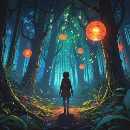 A mystical scene depicting a person standing in a forest, surrounded by vibrant, glowing lights, unusual plants emitting strange scents, a sense of caution in their expression, ethereal spirits subtly appearing in the background, rich colors, detailed foliage, a serene yet eerie atmosphere, suggesting spiritual warnings.