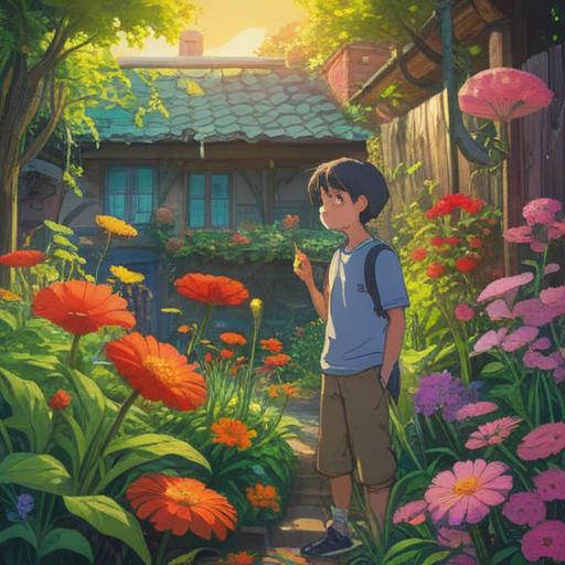 A bright, optimistic scene depicting a person discovering a peculiar smell in a vibrant garden, colorful flowers with aromatic herbs, the person smiling as they experience the fragrance, sunlight filtering through the leaves, an aura of positive transformation, whimsical elements like butterflies and bees, the sense of joy and exploration, inviting atmosphere, 4k