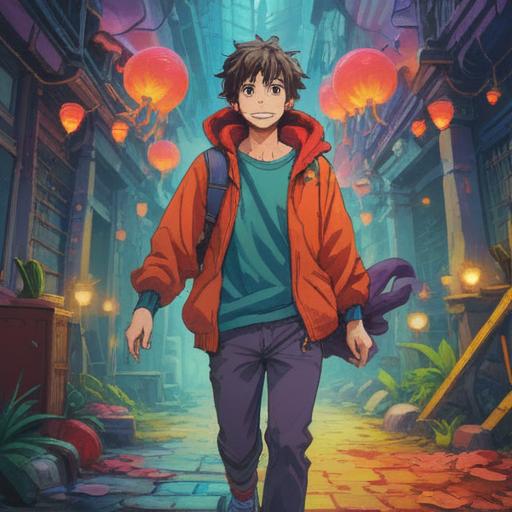 A surreal scene depicting a quirky man approaching with an eccentric smile, vibrant colors contrasting against a blurred background, an unexpected encounter filled with playful energy, elements of luck symbolized by glowing four-leaf clovers, whimsical expressions, dynamic poses, capturing the essence of a lucky moment, 4k