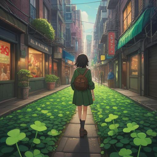 A whimsical scene depicting unexpected positive actions bringing luck, a person finding a four-leaf clover in a bustling city, surprised expressions, vibrant colors, elements of chance and serendipity, diverse characters celebrating, joyful atmosphere, 4k