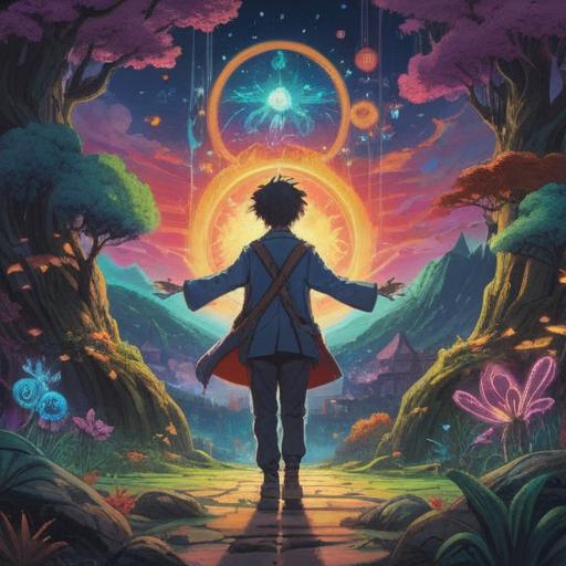 A surreal illustration of an eccentric person surrounded by glowing spiritual symbols, colorful auras emanating from their hands, a whimsical landscape with floating objects, a serene expression on their face, vibrant colors reflecting positive energy, mystical creatures observing curiously, dreamy atmosphere, ethereal light, 4k