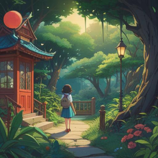 A whimsical illustration of an unusual encounter, vibrant colors, imaginative characters, a stranger sharing wisdom, a park setting with lush greenery, unexpected joy and curiosity, enchanting expressions, life lessons, surreal yet relatable, 4k