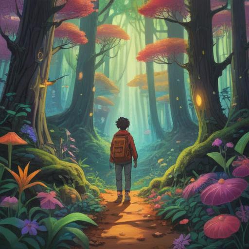 A surreal illustration depicting a whimsical encounter with an eccentric person in a vibrant forest, colorful flora surrounding them, a sense of wonder and connection, mystical symbols in the background, bright and uplifting colors, ethereal light shining through the trees, visually representing spiritual growth and guidance, 4k