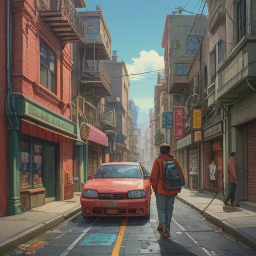 A whimsical scene depicting a person encountering a strange character on a bustling city street, lighthearted interactions, unexpected fortune like finding a lucky charm, bright colors, quirky expressions, playful atmosphere, pedestrians reacting with curiosity, enhanced sense of serendipity, 4k
