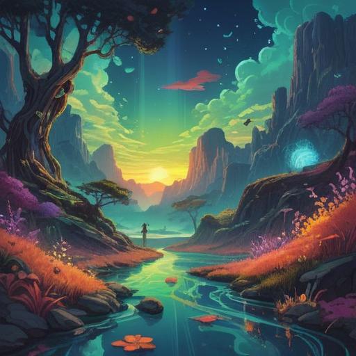 A surreal landscape featuring abstract sound waves, vibrant colors, mystical symbols floating in the air, a serene atmosphere, ethereal figures meditating in the foreground, a whimsical sky with unusual patterns, spiritual energy emanating from the sound waves, dreamlike quality, 4k