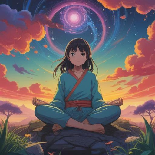 A mystical landscape, ethereal sounds resonating in the air, glowing symbols in the atmosphere, vibrant colors, a serene figure meditating, surrounded by nature, an aura of peace and enlightenment, spiritual energy flowing, gentle waves of sound, harmonious environment, 4k