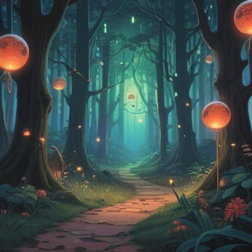 A mysterious and ethereal scene, soft and dark hues, an eerie forest at twilight, whimsical glowing orbs in the air, a figure standing still with a cautious expression, surrounded by rustling leaves, faint sound waves emanating from the background, a sense of otherworldly presence, intricate details in the foliage and atmosphere, 4k