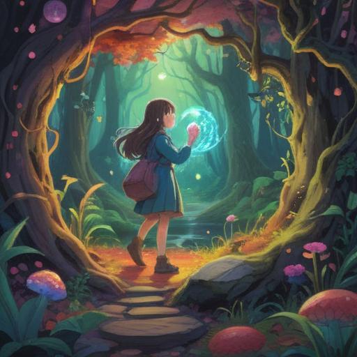 A whimsical scene depicting a person discovering a lucky stone in a mystical forest, vibrant colors, enchanted atmosphere, surrounding bizarre sound waves, the character expressing surprise and curiosity, lush greenery and sparkling light, intricate details on the lucky stone, 4k