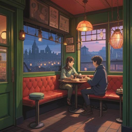 A thoughtful scene depicting a person sitting in a cozy café, engaged in deep conversation with an eccentric individual, warm lighting, inviting atmosphere, diverse expressions showcasing understanding and curiosity, various quirky elements in the café environment, emphasizing emotional connection and openness, 4k