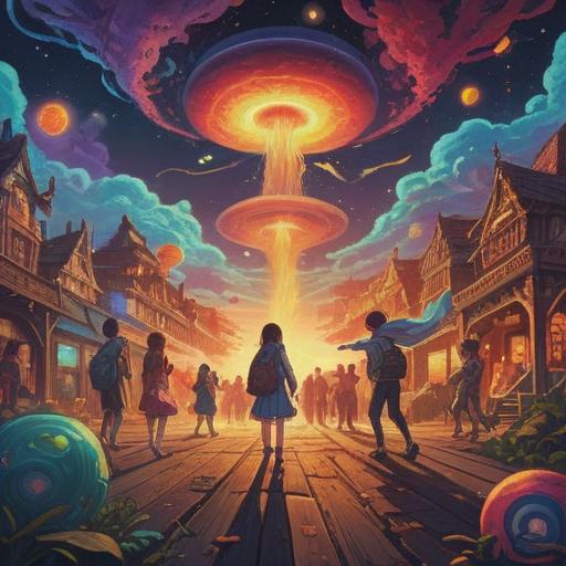 A surreal scene depicting unusual people gathering around, vibrant energy swirling in the air, symbols of spiritual signs manifesting, bright colors contrasting with the individuals' eccentric appearances, a mystical aura surrounding them, nature elements intertwining with the people, an atmosphere of revelation and harmony, 4k