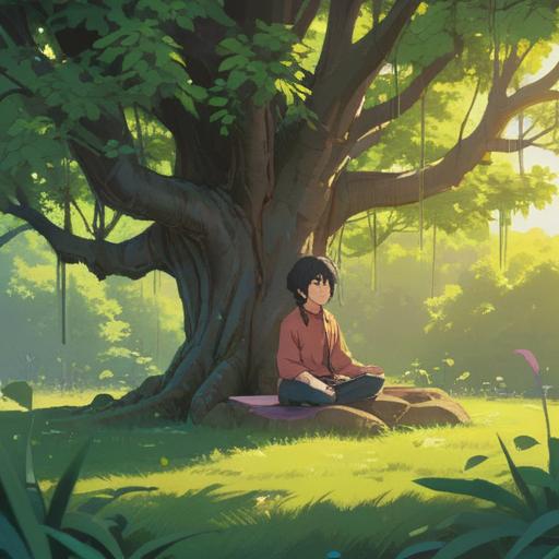 A serene and tranquil scene depicting simple mindfulness practices, a peaceful individual meditating under a large tree, soft sunlight filtering through the leaves, calming nature surroundings, gentle stream flowing nearby, harmonious atmosphere, focus on inner peace, minimalistic approach to self-care, 4k