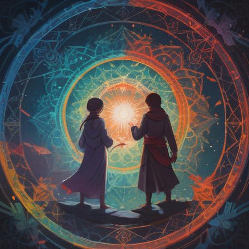 A mystical scene depicting the spiritual signs of impending separation, ethereal light illuminating an intricate mandala pattern, soft silhouettes of two figures gently drifting apart, a serene forest backdrop with vibrant flora and fauna, calm waters reflecting the sky, peaceful atmosphere, symbols of hope and renewal, 4k