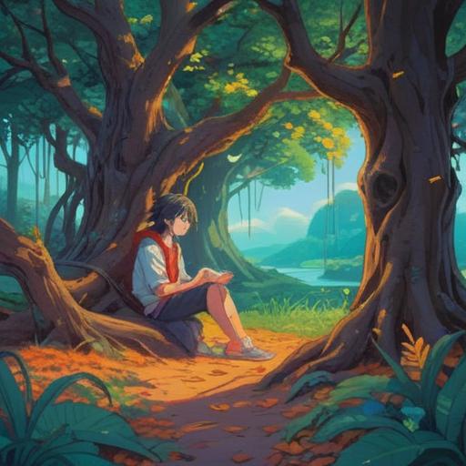 A serene scene depicting the feeling of anticipating a breakup, gentle breeze rustling through leaves, a person sitting peacefully under a tree, meditative pose, subtle smile, soft light filtering through branches, symbols of hope and luck around them, vibrant colors, emotional yet calming atmosphere, 4k