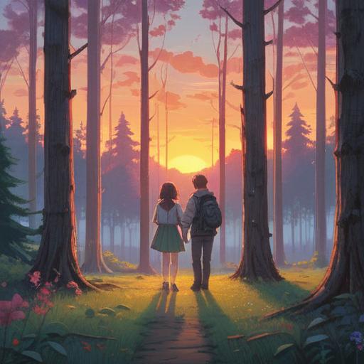 A serene forest clearing at sunset, gentle light filtering through the trees, a couple standing apart yet connected by glowing energy, soft pastel colors, symbolizing spiritual growth and transformation, peaceful atmosphere, subtle hints of nature's beauty, emotional depth, 4k