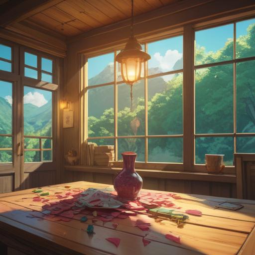 A heartfelt scene of a farewell moment, a beautifully wrapped lucky charm on a wooden table, soft sunlight filtering through the window, emotional expressions on the characters' faces, serene colors, gentle shadows, a feeling of hope and nostalgia, warm atmosphere, subtle details in the background, 4k