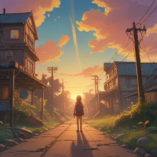 A serene and inspirational scene depicting a person standing at a crossroads, looking ahead with determination, golden sunrise illuminating the path, gentle breeze rustling the leaves, symbols of growth such as blooming flowers and green trees, a sense of calm and reflection, soft light enveloping the figure, encouraging atmosphere, 4k