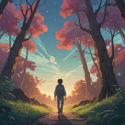 A serene landscape depicting a person walking away from a fading relationship, soft light filtering through trees, a clear sky symbolizing freedom, gentle stream representing emotions flowing, peaceful expression on the individual's face, flowers blooming along the path, vibrant colors, harmonious atmosphere, 4k