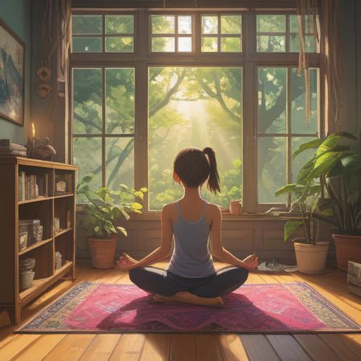 A serene and calming scene depicting a peaceful morning routine, soft sunlight filtering through the window, a person practicing meditation on a yoga mat, surrounded by plants and soothing decor, steaming cup of herbal tea on a nearby table, gentle music notes floating in the air, tranquil atmosphere, vibrant colors, 4k