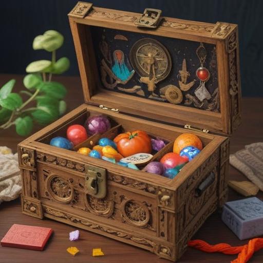 A serene illustration featuring a collection of lucky items for a positive farewell, a beautifully decorated wooden box filled with symbolic objects like four-leaf clovers, horseshoes, and willow branches, surrounded by soft sunlight filtering through the leaves, a gentle breeze, a peaceful garden setting, vibrant colors, harmonious composition, warm and uplifting atmosphere, 4k