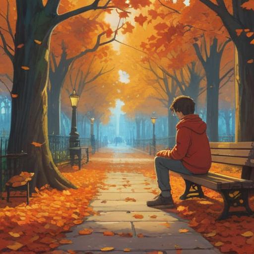 A serene scene of a person sitting alone on a park bench, autumn leaves falling around, deep in thought, a notebook and pen in hand, capturing moments of reflection, soft sunlight filtering through trees, a gentle breeze, peaceful atmosphere, introspective and calm, 4k