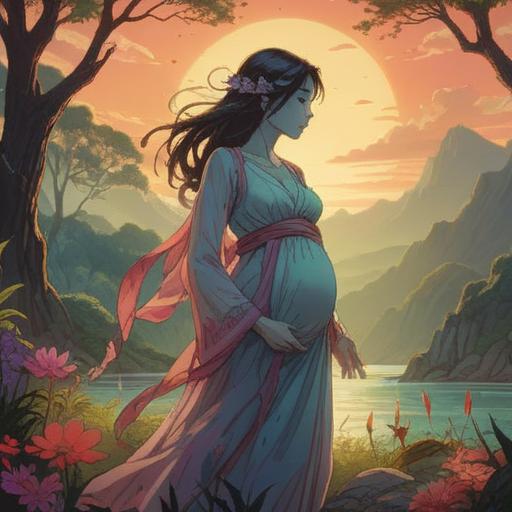 A spiritual illustration representing the meaning of pregnancy after separation, ethereal light, a serene landscape, a silhouette of a woman surrounded by nature, symbolic elements like doves and flowers, soft pastel colors, reflective atmosphere, emotional depth, 4k