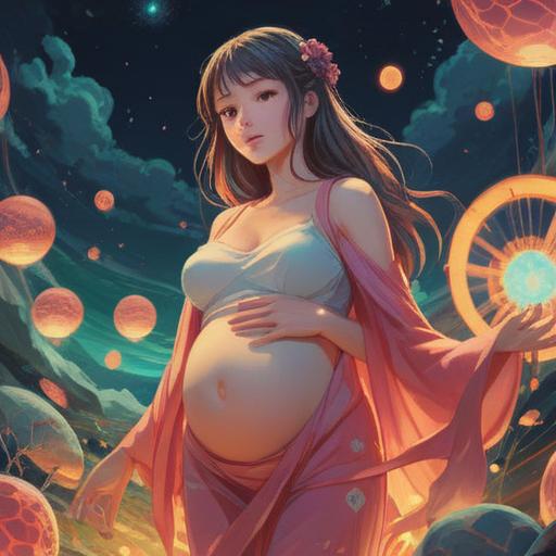 A serene and uplifting illustration of a pregnant woman surrounded by glowing ethereal symbols, soft light radiating from her belly representing new life, nature elements like blooming flowers and gentle breezes, a tranquil background evoking peace and hope, warm pastel colors, spiritual energy flowing around, 4k