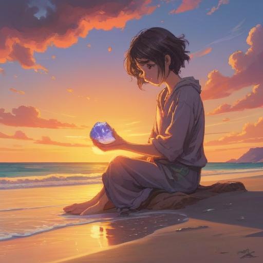 A serene and calming scene depicting a person sitting on a peaceful beach at sunset, holding a healing stone in their hand, waves gently lapping at the shore, soft golden light reflecting on the water, the sky painted in hues of orange and pink, a feeling of tranquility, gentle breeze, distant mountains, warm and soothing atmosphere, 4k