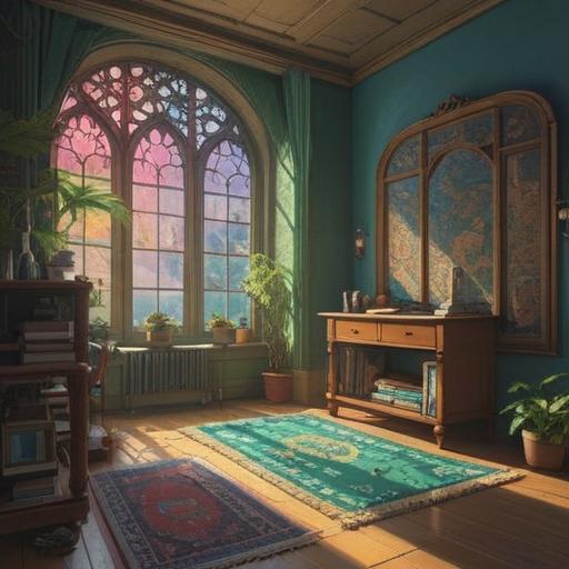 A serene and mystical interior space, showcasing beautiful wallpaper patterns that embody spiritual symbols, warm natural light filtering through a window, a peaceful atmosphere, plants and crystals adorning the room, inviting and harmonious decor, clear signs of tranquility and positivity, 4k