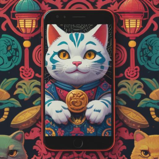 A vibrant smartphone wallpaper featuring lucky motifs, an intricate blend of traditional Japanese symbols like maneki-neko and four-leaf clovers, colorful patterns surrounding the lucky symbols, a bright and cheerful atmosphere, digital art style, visually appealing design, suitable for mobile backgrounds, high resolution