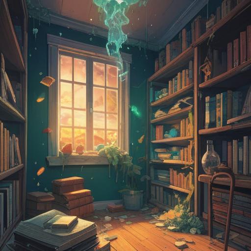 A mystical illustration of objects falling from a wall, ethereal light surrounding them, symbolic representation of spiritual awakening, items like books and crystals gracefully tumbling, serene color palette, dreamlike atmosphere, deep connection to spirituality, intricate details in the objects, 4k