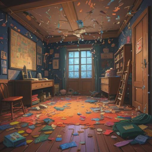 An intriguing scene depicting lucky numbers scattered on the floor after objects fell from the wall, vibrant colors, a hint of chaos mixed with serendipity, a cozy room setting with a whimsical touch, numbers illuminated by soft sunlight streaming through a window, contrasting shadows, engaging composition, 4k