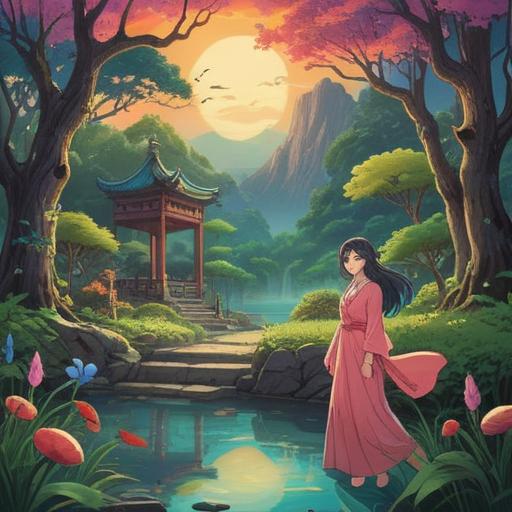 A serene and introspective scene depicting the spiritual transformation associated with menopause, symbolizing the cycle of life, nature elements intertwining with feminine symbols, blooming flowers representing growth and change, soft light illuminating the subject, a sense of calm acceptance, ethereal atmosphere, 4k