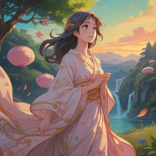 A serene and uplifting illustration representing menopause as a spiritual awakening, soft light illuminating a peaceful landscape, a woman in a flowing dress surrounded by blooming flowers, symbols of transformation like butterflies and lotus flowers, gentle colors to evoke tranquility, a sense of liberation and new beginnings, harmonious elements blending together, 4k