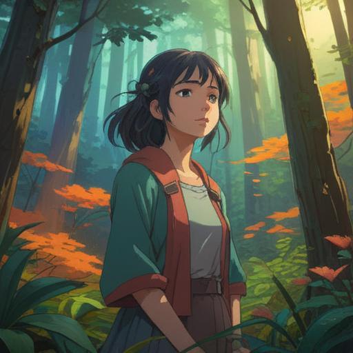 A serene and introspective illustration, featuring a middle-aged woman in a tranquil forest setting, surrounded by soft ethereal light, symbols of transformation like butterflies and leaves, representing spiritual awakening, a gentle expression conveying wisdom and awareness, harmonious colors blending with nature, 4k