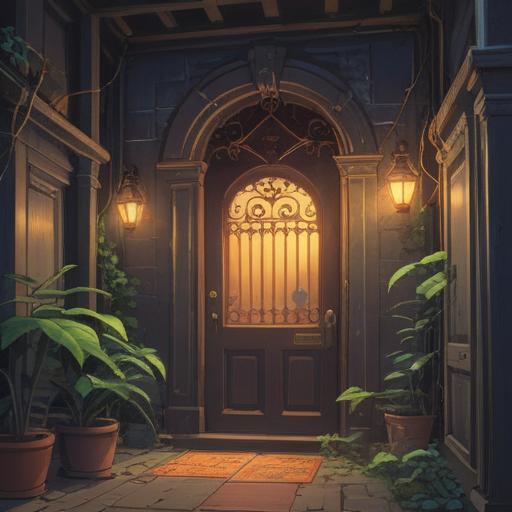 A surreal scene depicting a door that won't close, ethereal lights surrounding it, symbolic imagery of guidance and protection, gentle spirits or wisps floating nearby, vibrant colors creating a sense of peace, soft glow illuminating the scene, dreamlike atmosphere, harmonious composition, 4k