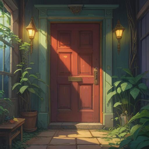 A thought-provoking illustration depicting a door slightly ajar, soft rays of light streaming through the gap, symbolic representation of spiritual awakening, ethereal atmosphere, surreal colors, intricate details of the surrounding environment, mystical elements like floating orbs, suggesting caution and awareness, 4k quality