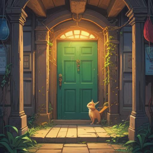 A whimsical scene depicting a door stuck open, bright sunlight streaming through, a surprised character looking astonished, playful animals peeking through the door, a sense of adventure and curiosity, vibrant colors, dynamic composition, 4k