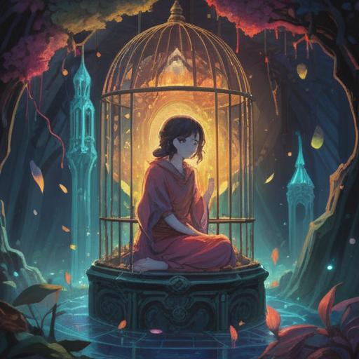 A mystical illustration of a figure trapped in a crystal cage, surrounded by ethereal light, symbolic elements representing confinement and spiritual growth, intricate details showcasing the inner struggles and journeys of the spirit, a surreal landscape blending reality and the unknown, vibrant colors illustrating emotion and transformation, 4k