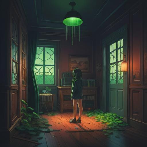 A dramatic scene of someone trapped in a dimly lit room, surrounded by shadows, a glowing four-leaf clover shining brightly beside them, symbolic of good luck and hope, a vintage clock on the wall showing the passing time, a sense of urgency in the atmosphere, intricate details in the room's decor, 4k