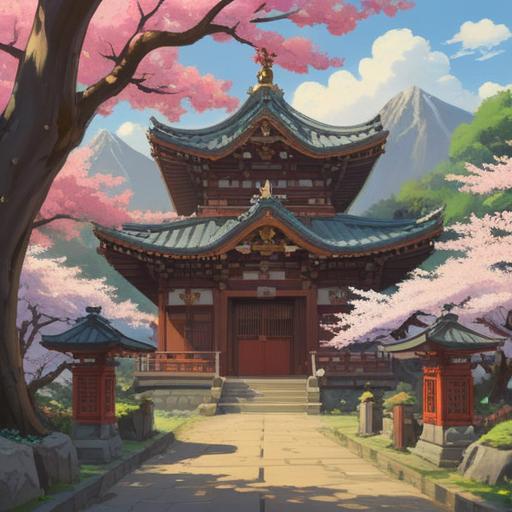 A serene shrine scene at Hirakawa Tenmangu, spiritual essence, cherry blossoms in full bloom, tranquil atmosphere, worshippers offering prayers, light filtering through the trees, vibrant vermilion torii gate, calming water reflection, harmonious connections with nature, mystical aura, 4k